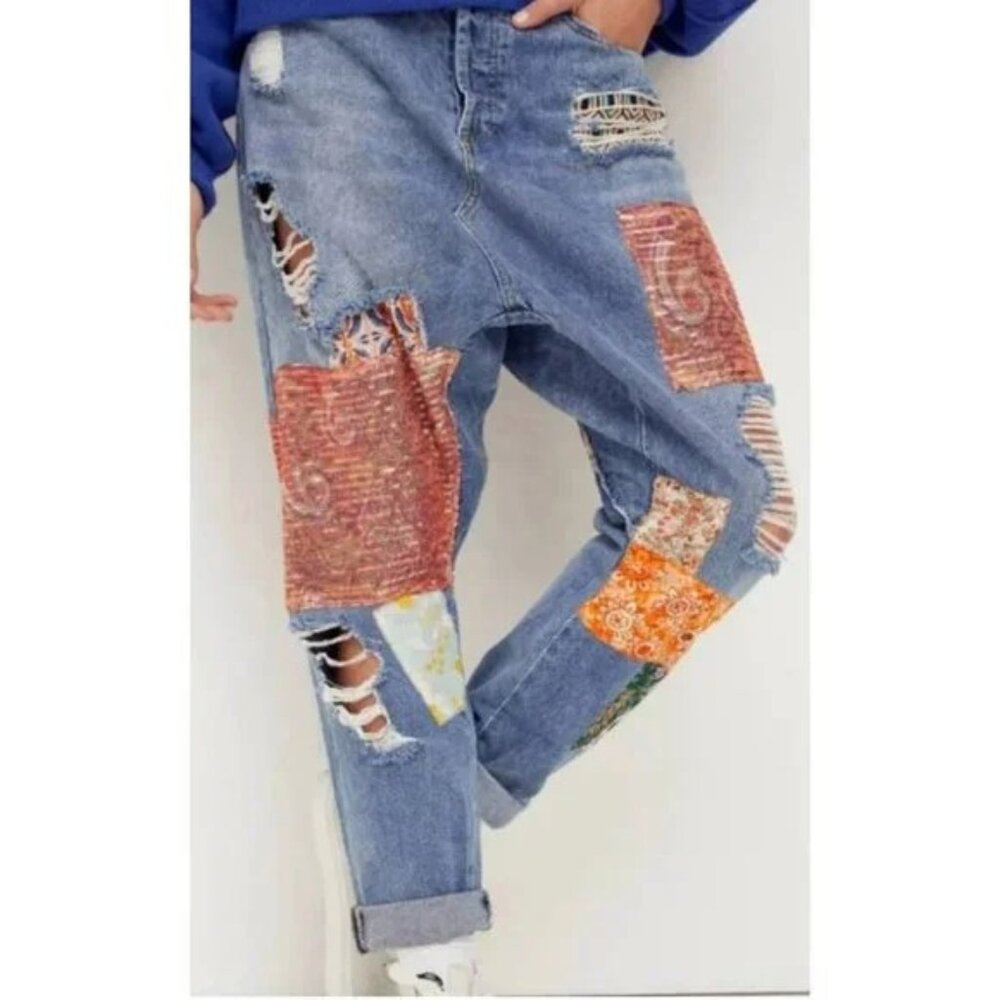 Free People High Rise Patchwork Jeans - Blue and Multicolor - Picture 2 of 14